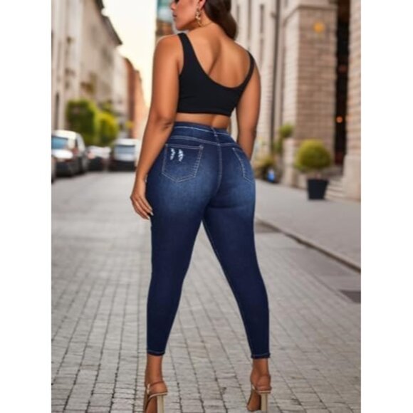 Plus Size Women Stretch Skinny Jeans High Waist Ankle Ripped Tummy Control - Picture 5 of 7